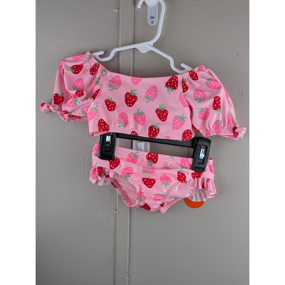 Wonder Nation Pink Strawberry Print Puff Sleeve 2 Piece Swimsuit 18M NWT